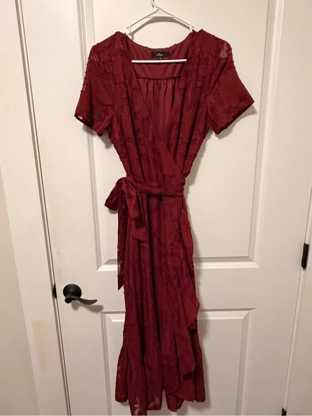 Lulu's Maroon Wrap Midi Dress with Tie Waist
